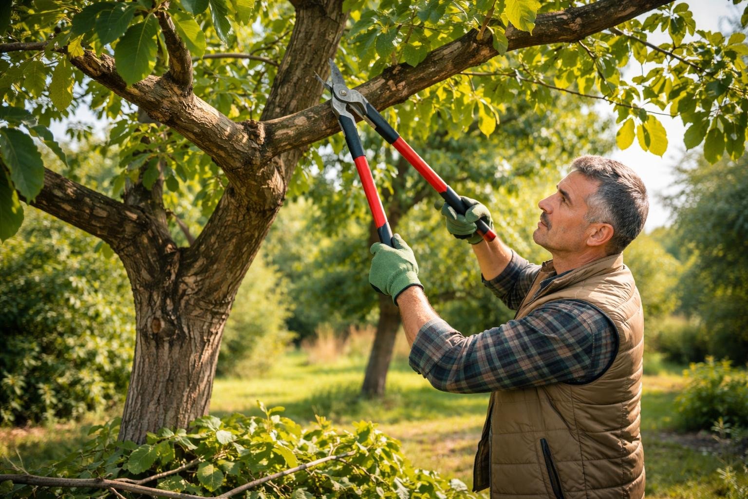 Egy férfi metszőollóval dolgozik egy diófán, miközben a zöld levelek között a fa ágain ügyesen navigál.