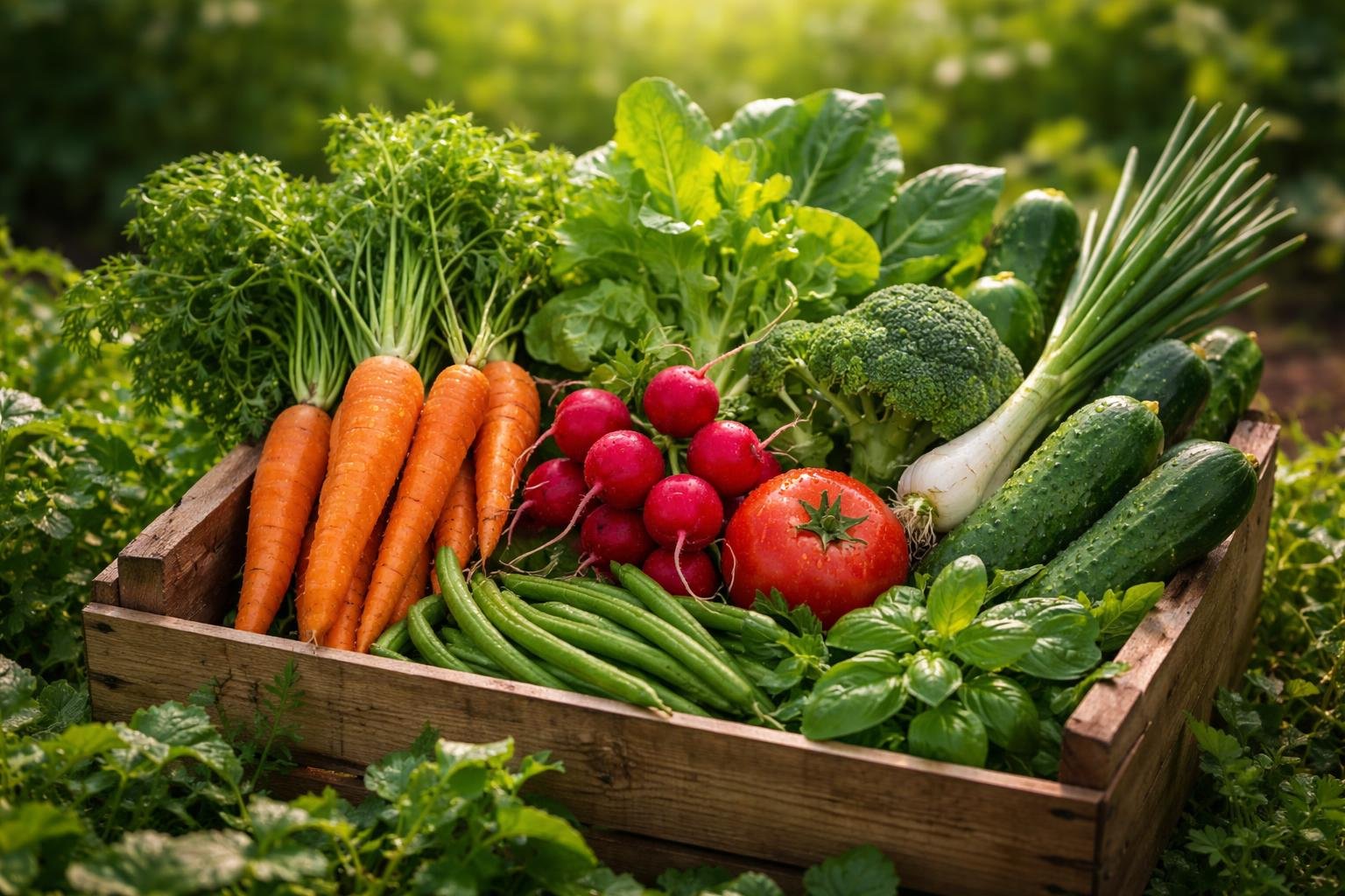 Kertben sorakozó gyorsan növő zöldségek friss, színes látványban és ígéretes termés kilátással