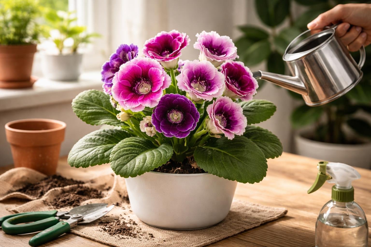 Gloxínia virágzó szobanövény harang alakú virágokkal, zöld levelekkel és fényes szárakkal.