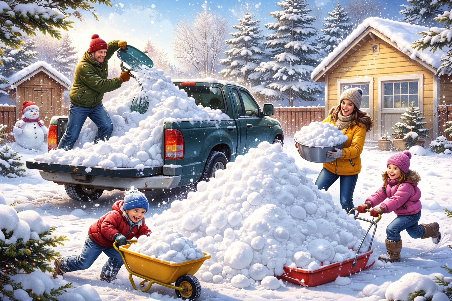 Egy család havat gyűjt a kertjükben, a kocsiból hókupacokat pakolnak. A gyerekek vidáman tolják a talicskákat, míg a felnőttek segítenek.
