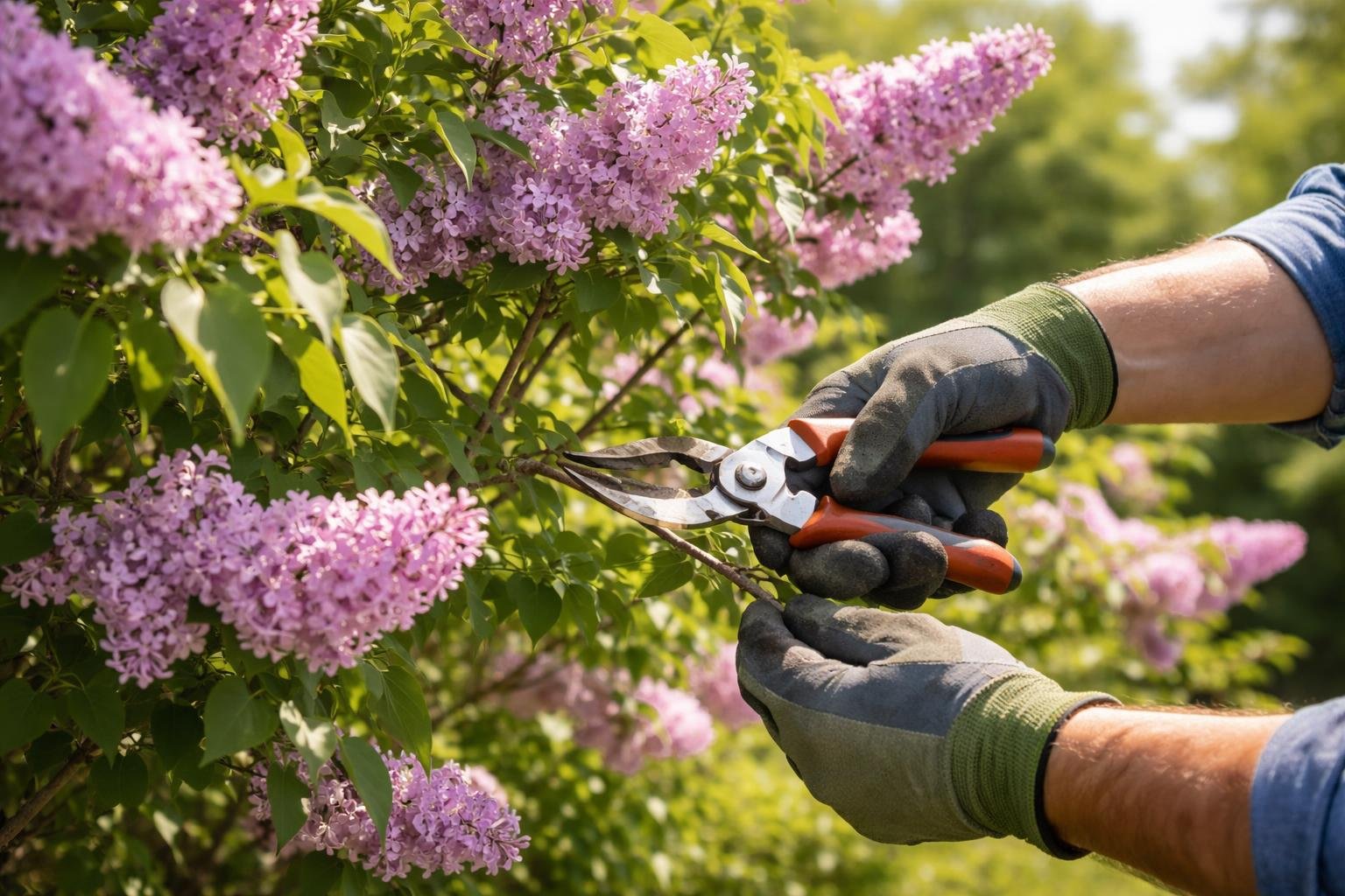 Egy kertész metszőollóval vágja az orgonaágakat, miközben virágzó orgonabokrok között áll.