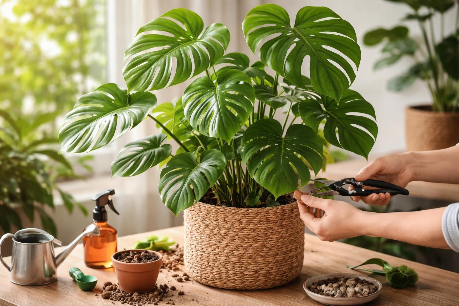 Egy nő éppen a sárma növény leveleit metszi, miközben a háttérben más zöld növények láthatók.