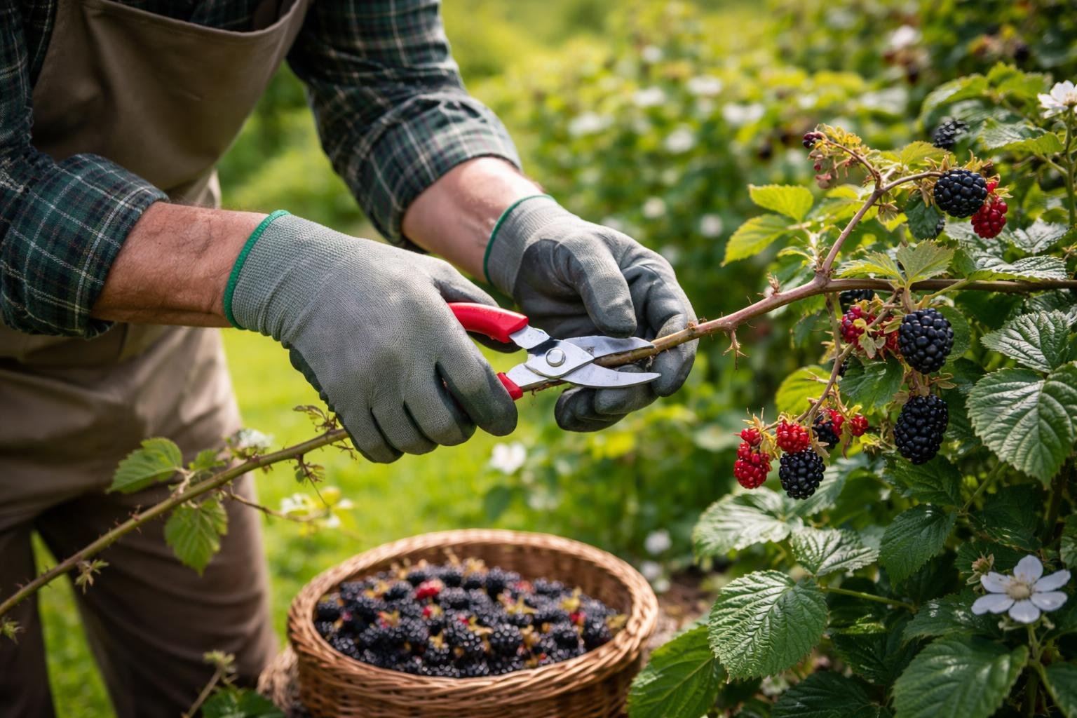 Egy kertész metszőollóval vágja a szederbokor egy ágát, miközben a kosarában érett szeder gyümölcsök találhatók.