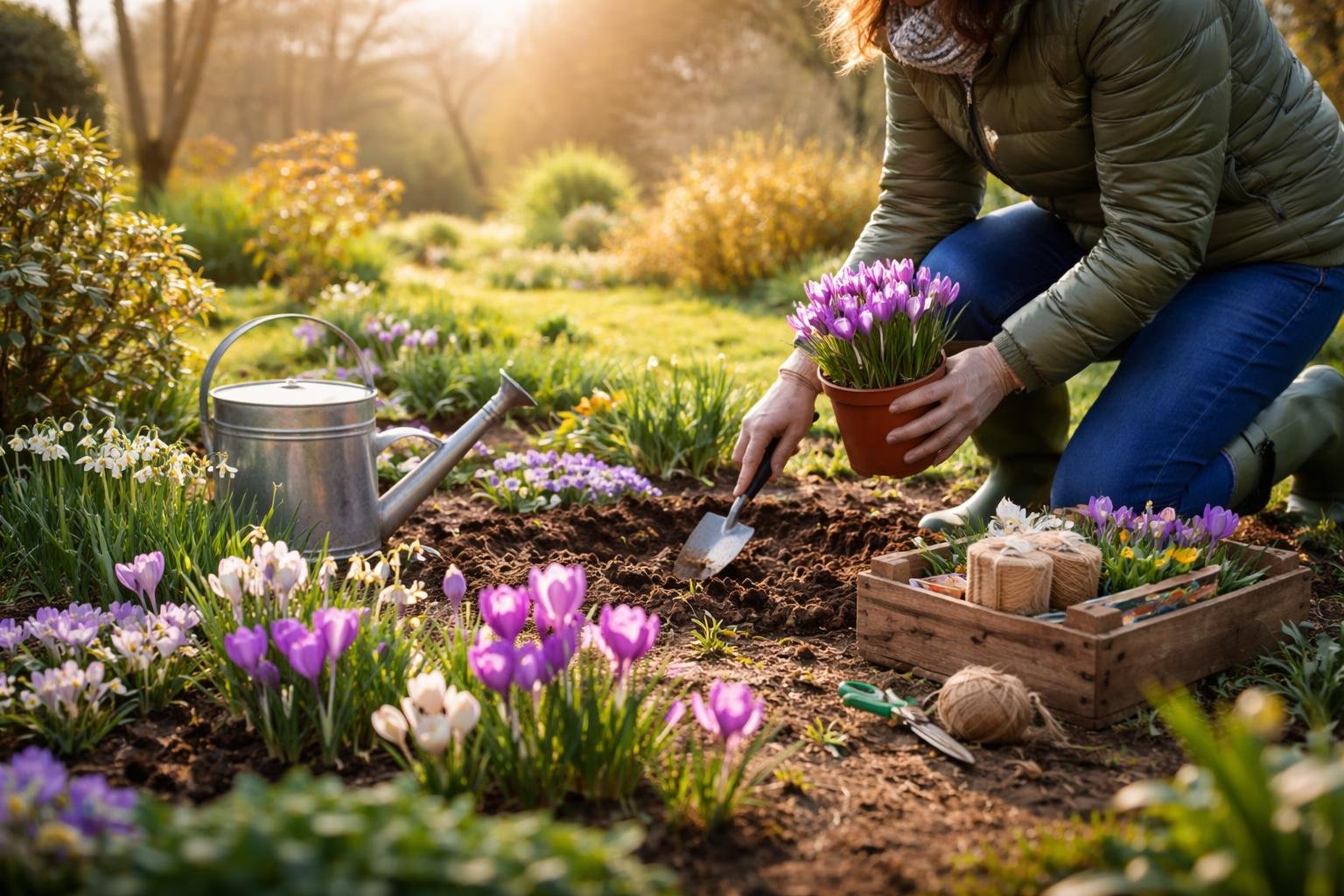 Egy kertész nő virágzó krókuszokat ültet a napfényben, mellette öntözőkanna és ültetőeszközök.