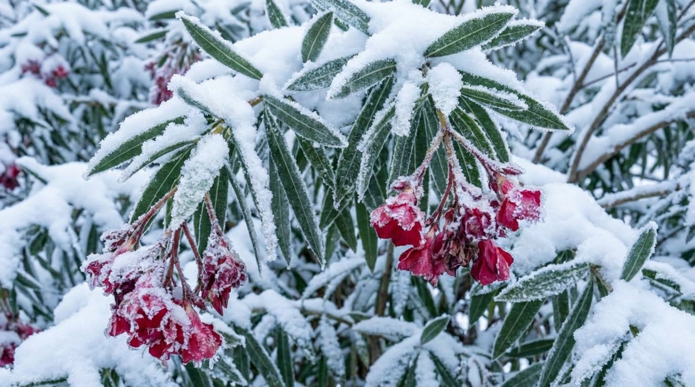 Havas leanderágak, rajtuk fagyott virágok és zöld levelek, télies tájban.