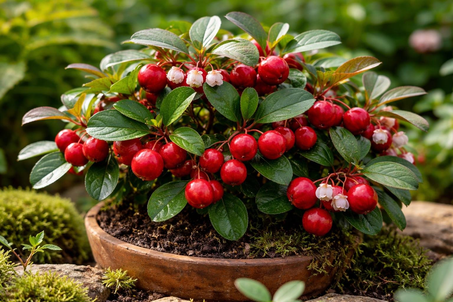 A kúszó fajdbogyó dús zöld levelekkel és élénk piros bogyókkal díszített növény, amely egy cserépben található.