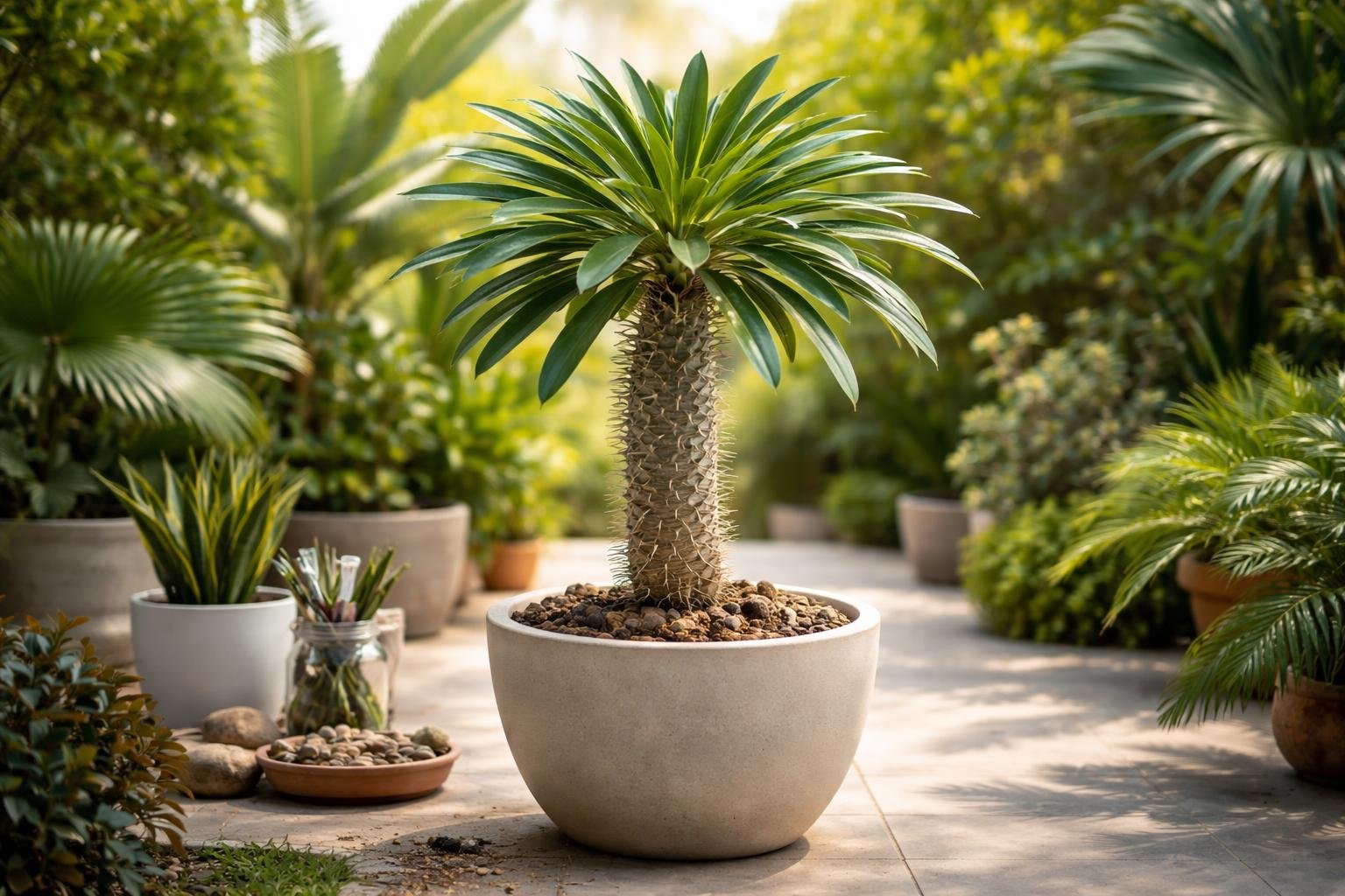 Madagaszkári pálma Pachypodium lamerei tüskés törzse és egzotikus szobai megjelenése