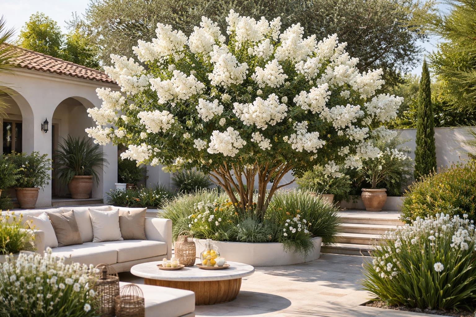 Hófehér 'Nivea' selyemmirtusz virágzik egy mediterrán stílusú kertben, kényelmes ülőgarnitúrával és dísznövényekkel körülvéve.