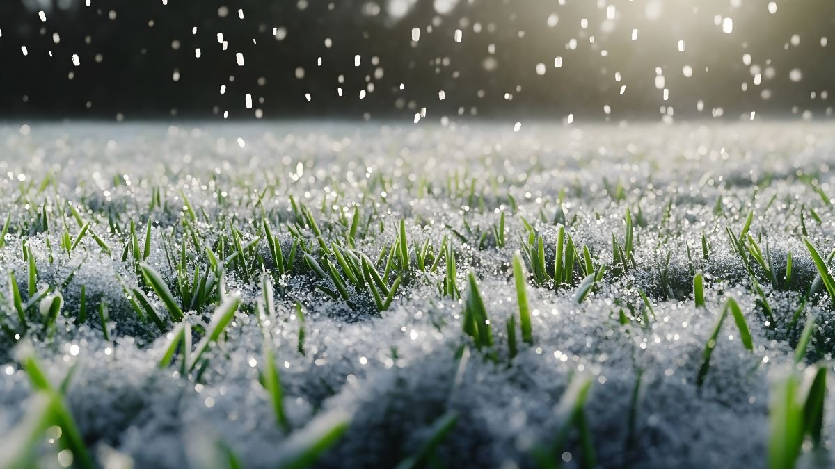 Friss hó borítja a zöld fűt, a napsugarak csillognak a hópelyheken.