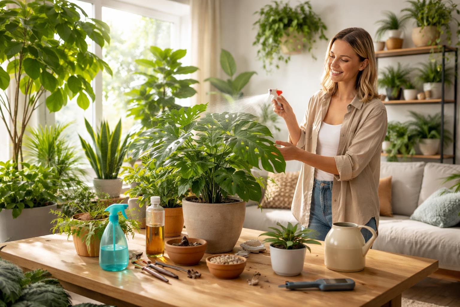 Egy nő szobanövényeket locsol, körülötte zöld növények és kertészeti eszközök találhatók.