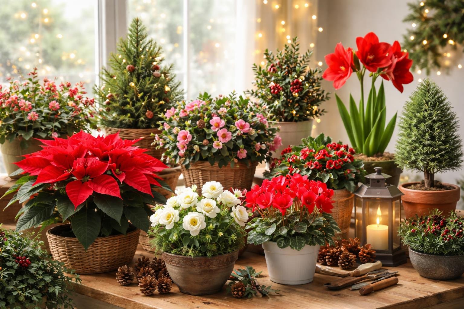 Karácsonyi növények, mint mikulásvirág, ciklámen és karácsonyi kaktusz, szépen elrendezve egy asztalon, ünnepi hangulatban.