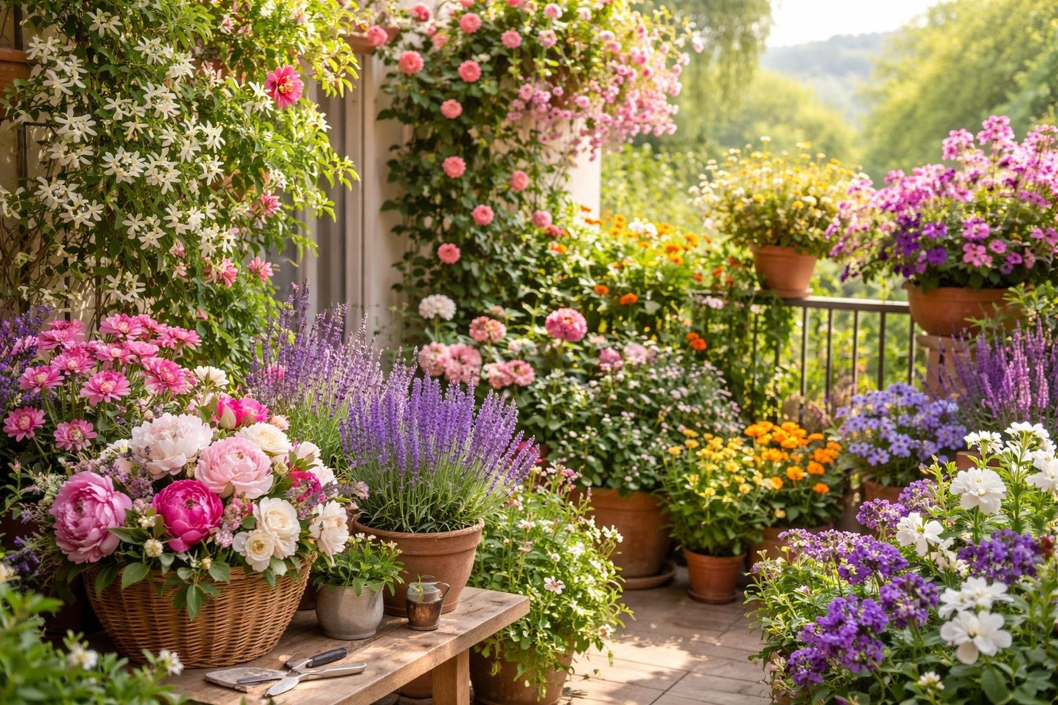 Illatos növényekkel díszített erkély virágokkal, levendula, jázmin, rózsa és menta.