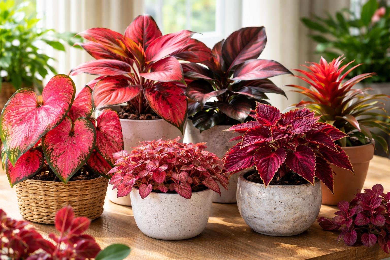 Színes, piros levelű szobanövények különböző fazonú cserépben, barátságos otthoni környezetben.