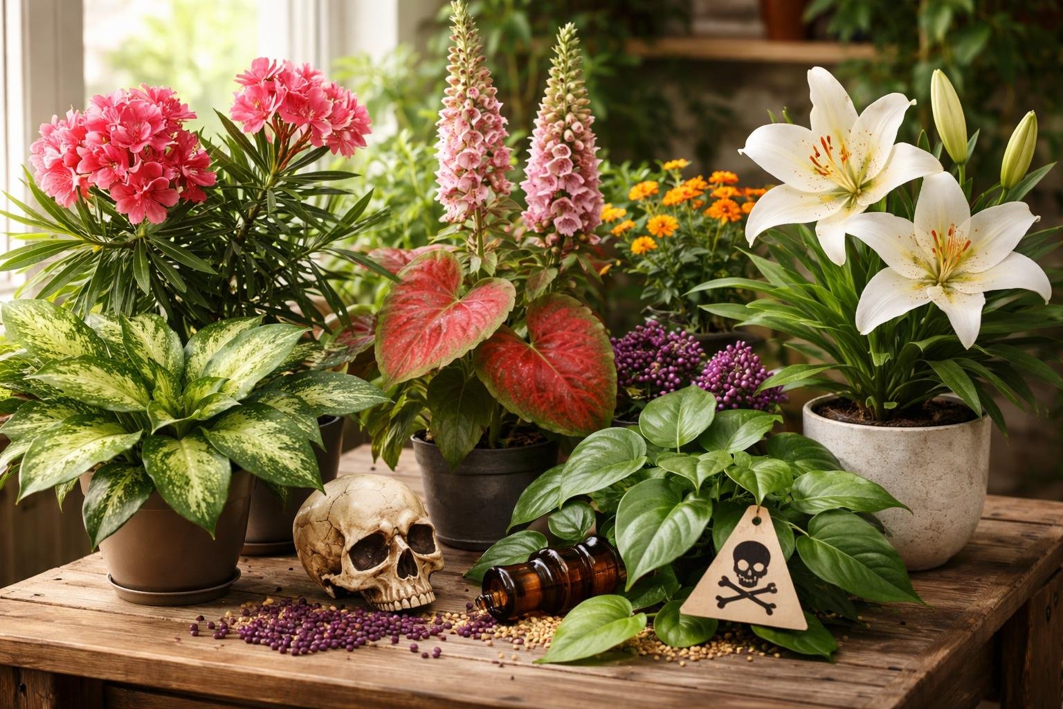 Színes beltéri és kerti dísznövények mérgező részei és figyelmeztetések gyermekeknek és háziállatoknak kiemelve.