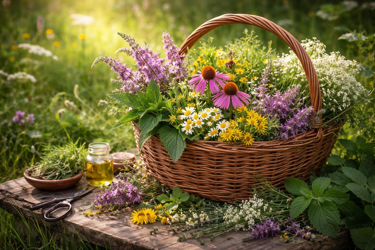 Egy fonott kosár tele színes, őshonos gyógynövényekkel, mint a levendula, echinacea és kamilla, egy fűszeres, zöld környezetben.