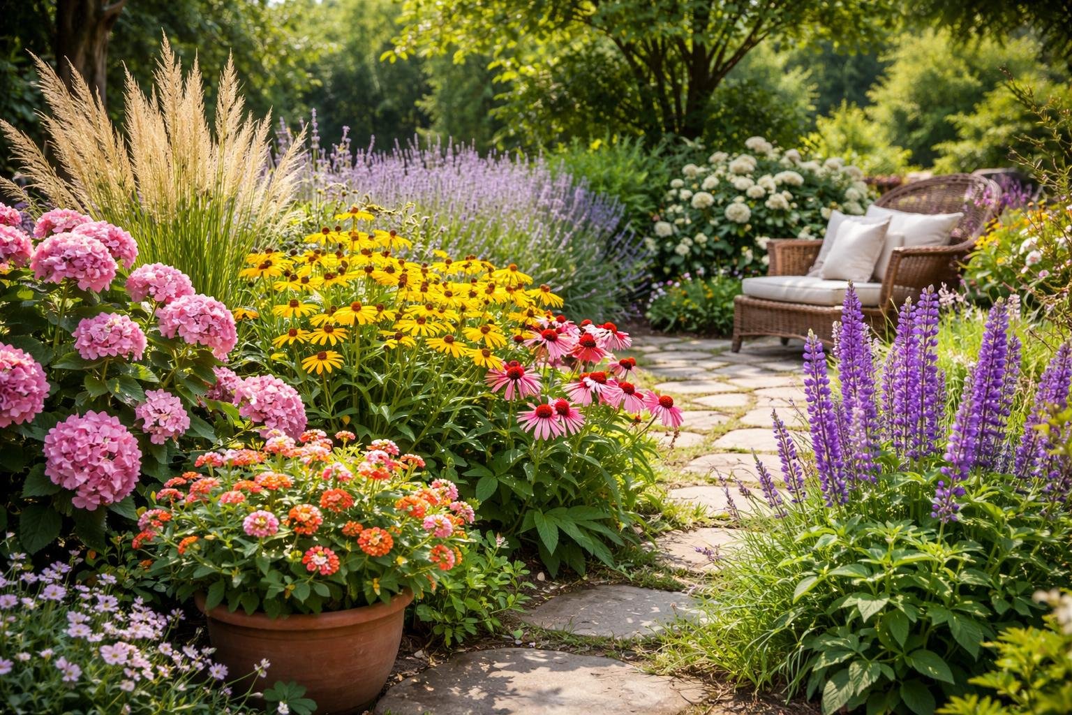 Vibráló nyári kert virágokkal, árnyékos fákkal, teraszokkal és zümmögő beporzókkal.