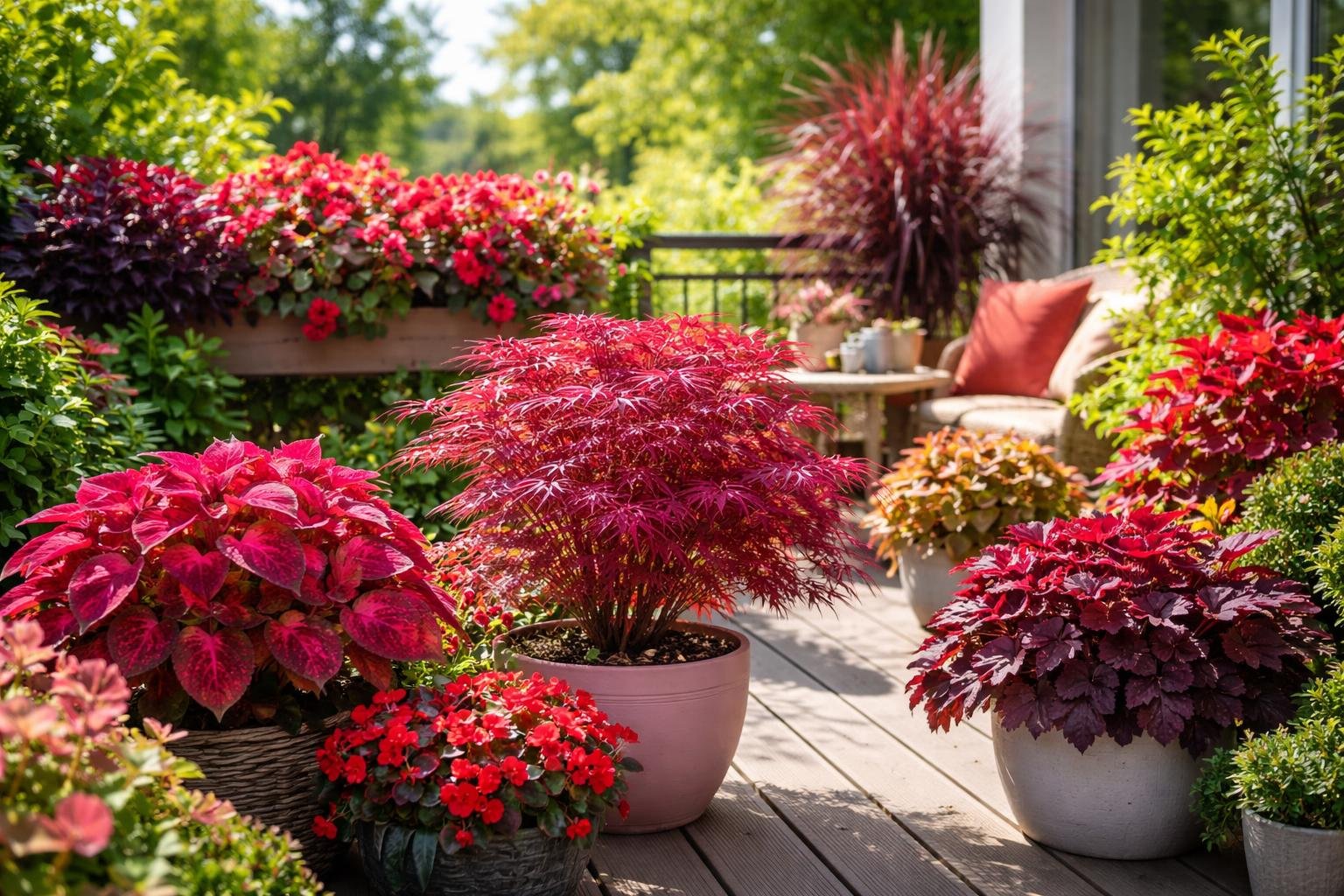 Piros levelű növények kiemelkednek a zöld háttér előtt, elegáns hangulat