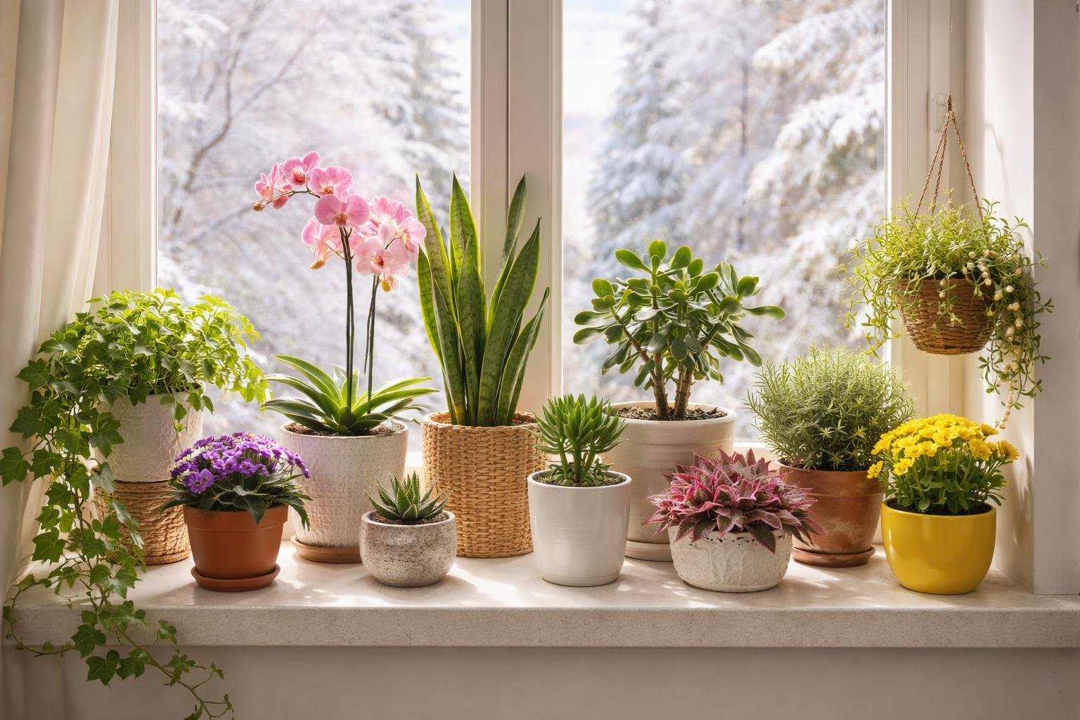 Téli ablakpárkány díszes szobanövényekkel, mint orchidea, pozsgás és fűszernövények, hóval borított táj mögött.