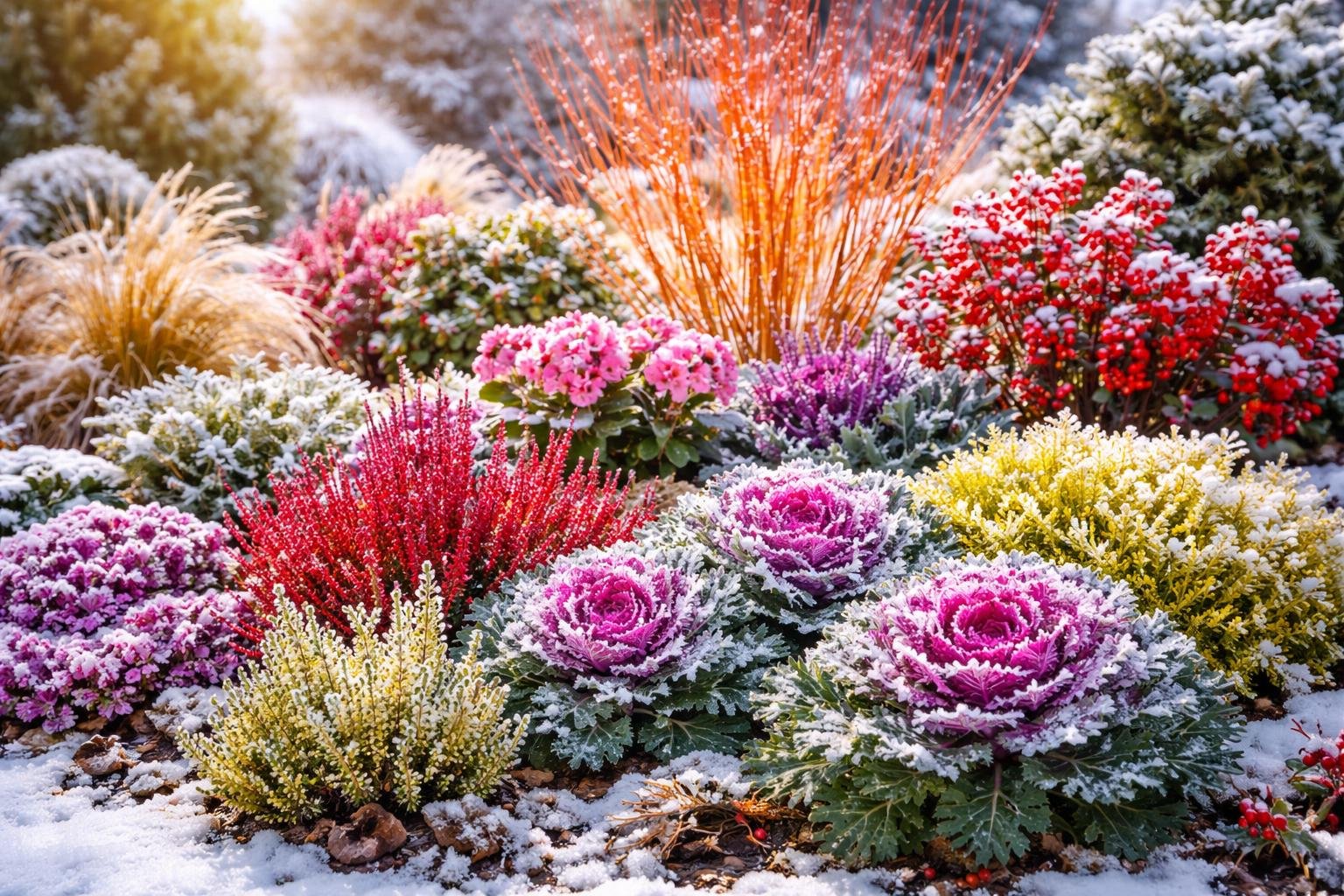 Színes téli növények, köztük rózsaszín és lila káposzta, piros bogyók, valamint zöld és sárga levelek hóval borítva, élettel teli kert.