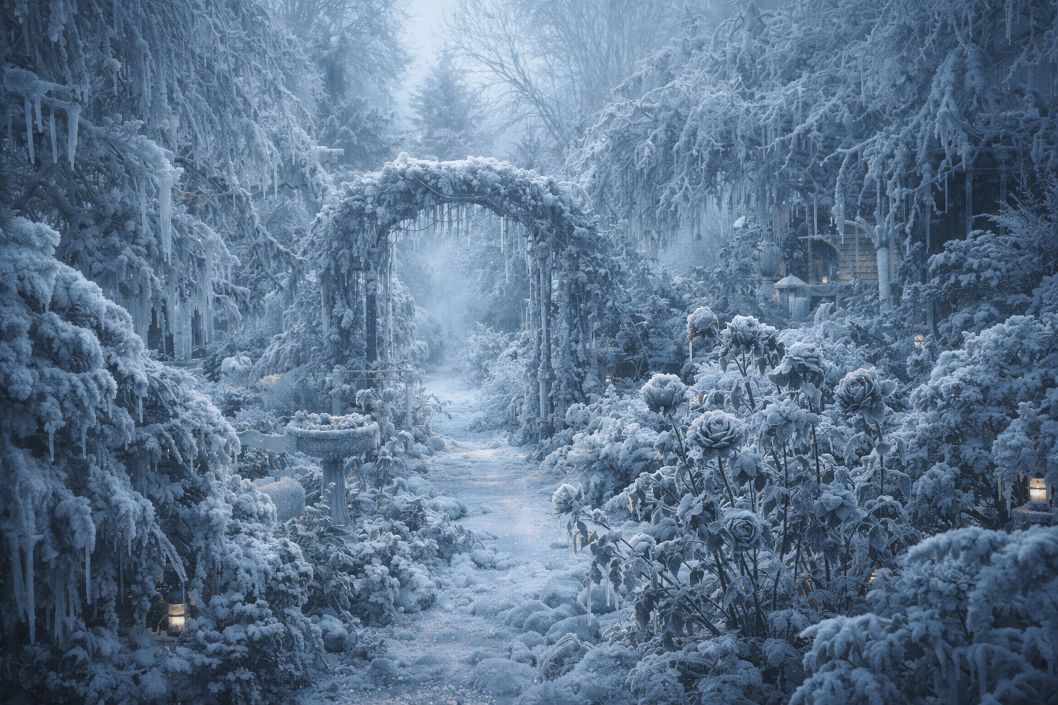 Téli kert havas tájjal, fagyott rózsákkal és jégcsapokkal, ami figyelmeztet a közelgő fagyra.