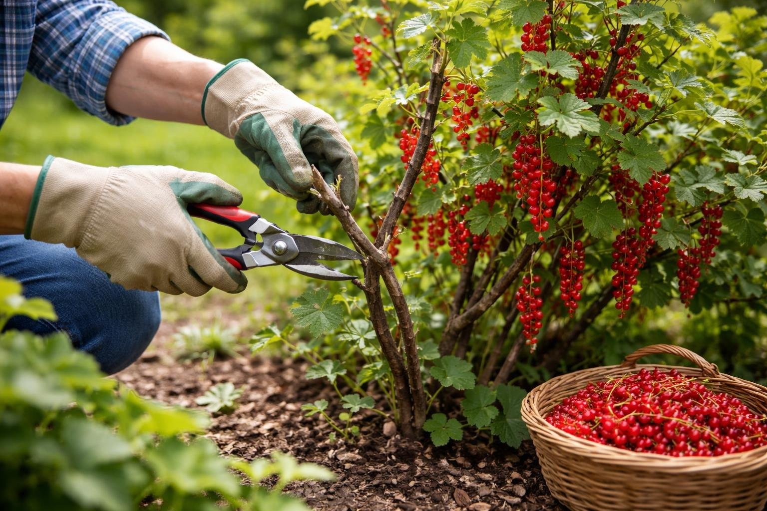 Ribiszke bokor metszése a kerti környezetben, szerszámokkal, ábrákkal és jegyzetekkel.