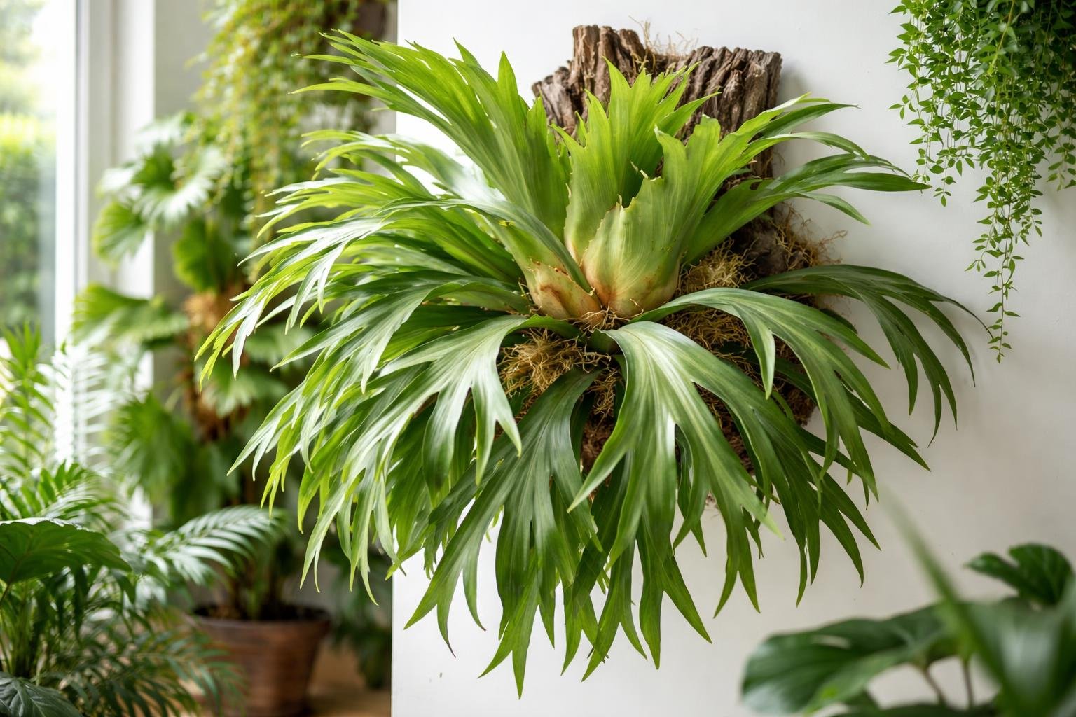 A szarvasagancs páfrány zöld levelei díszítik a falat, trópusi hangulatot árasztva.