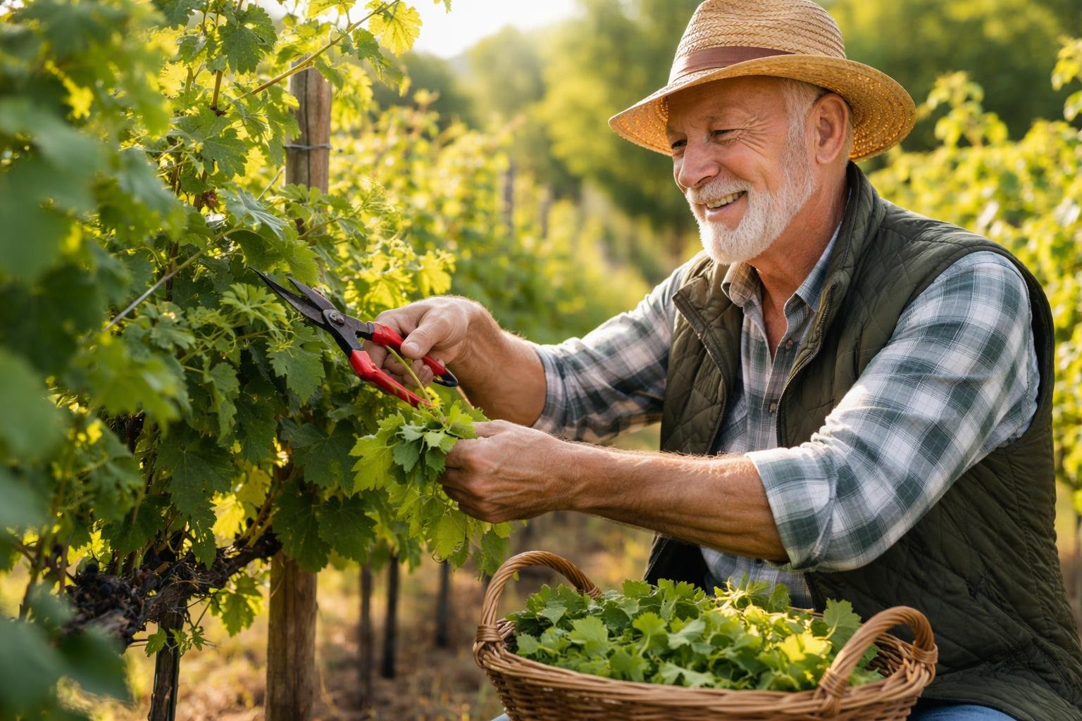 Szőlőmetszés közben dolgozó kertész, metszőollóval a tőkék mellett, szabályok szerint figyelve az egészségre.