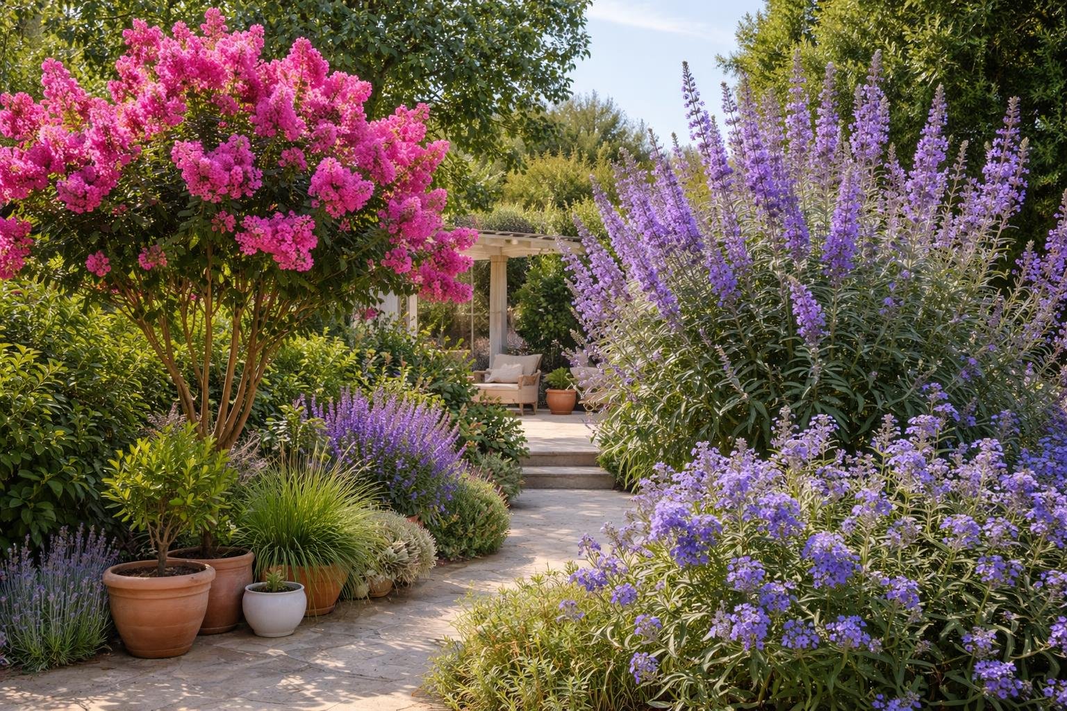 Mediterrán stílusú kertterület illatos selyemmirtusz, barátcserje és kékszakáll növényekkel, színek kavalkádja.