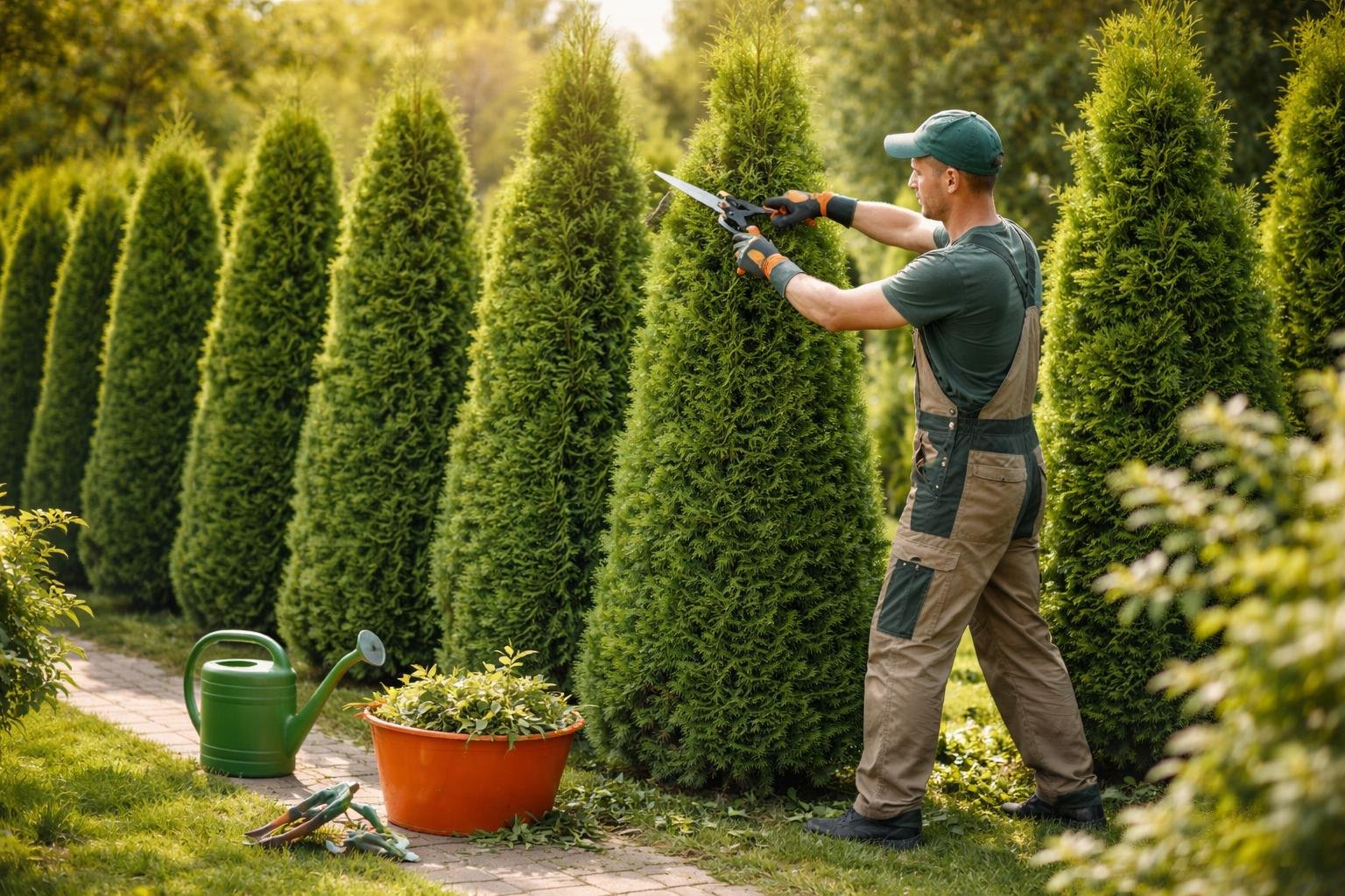 Egy kertész metsz egy sor tuját, miközben zöld öntöző kanna és virágcserép áll a közelében.