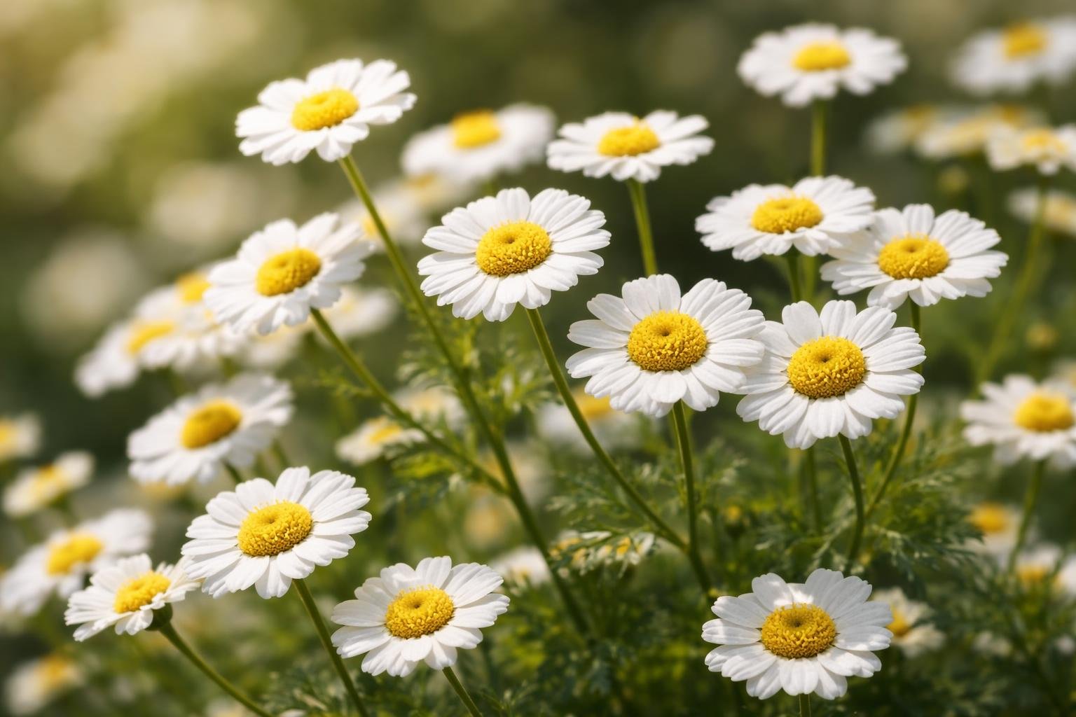 Az őszi margitvirág (Tanacetum parthenium) fehér szirmú, sárga középpontú virágai napfényben pompáznak, zöld levelek között.
