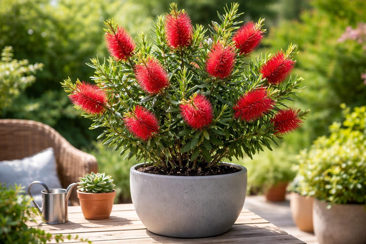 A kefevirág (Callistemon citrinus) élénk piros virágokkal díszített, zöld levelekkel borított növény, egy teraszon található virágcserépben.