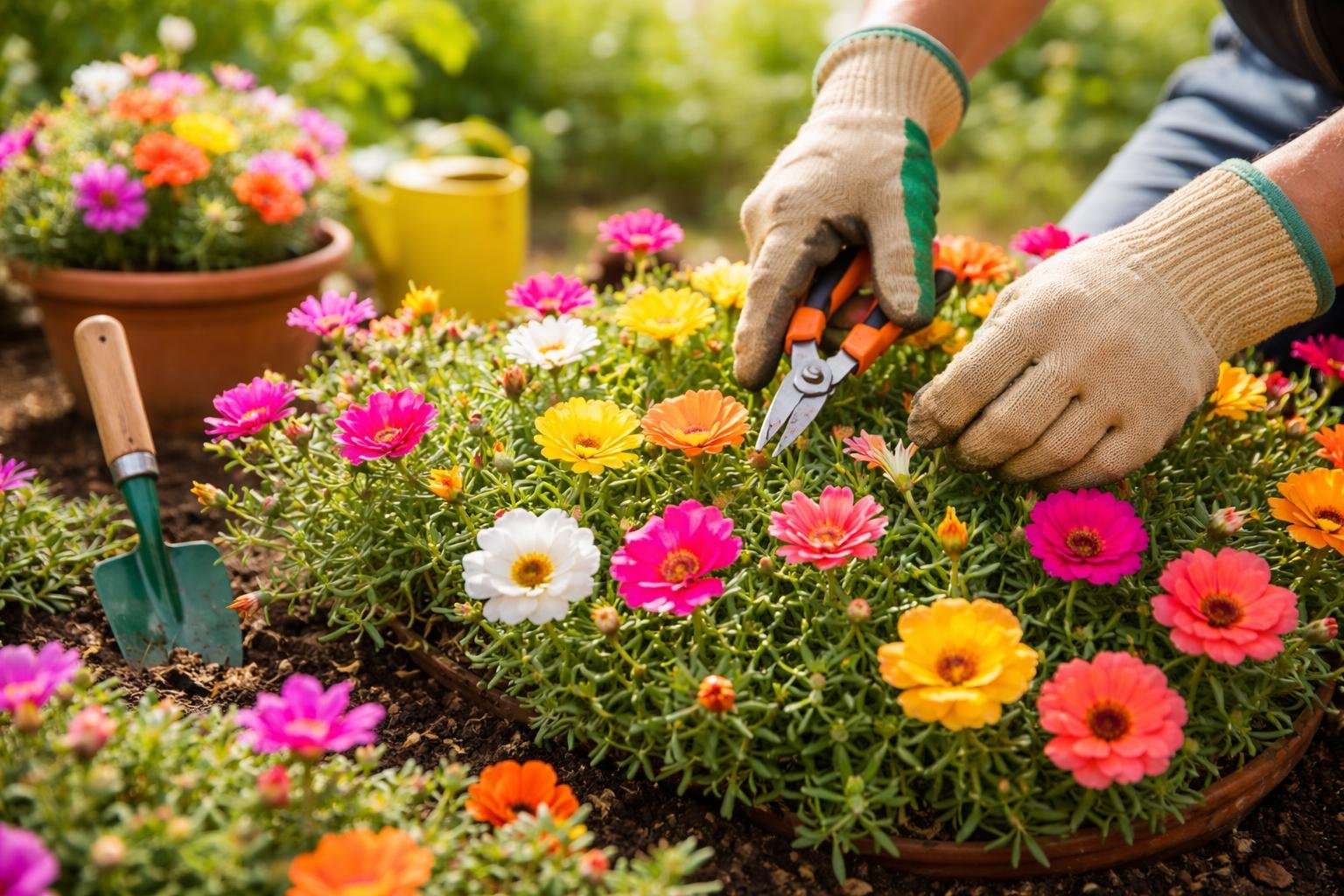 Egy kertész porcsinrózsákat metsz, színes virágokkal teli edények között, kesztyűben és metszőollóval.