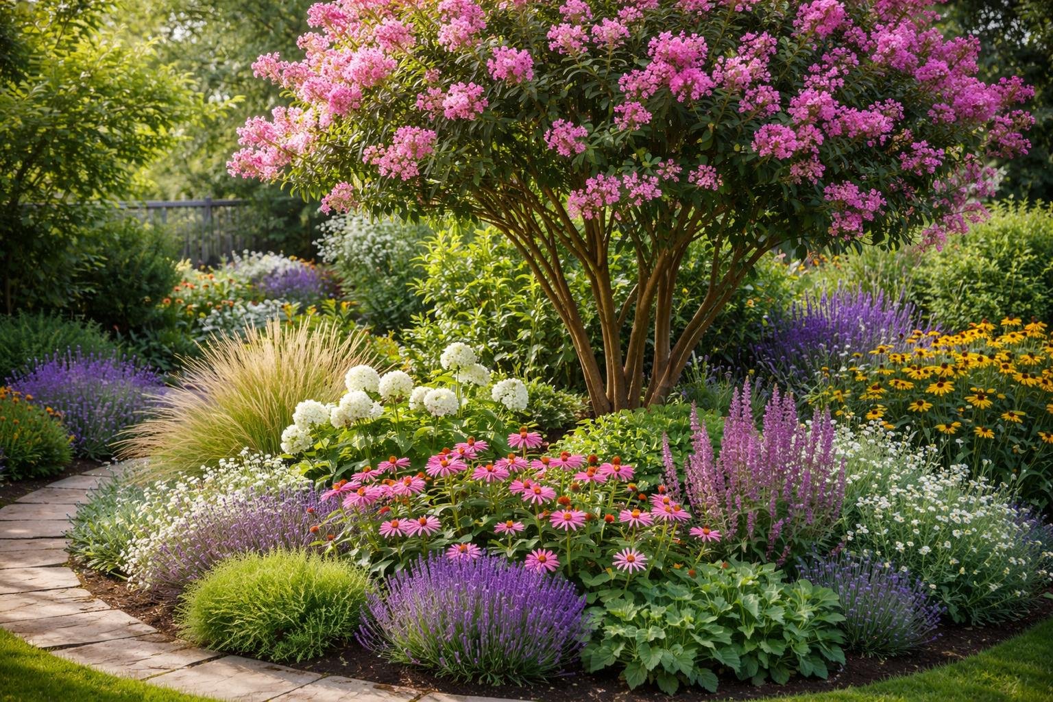 Lagerstroemia indica virágzó cserje, mellette változatos társplanták színpompás ágyásban, kecses habitussal