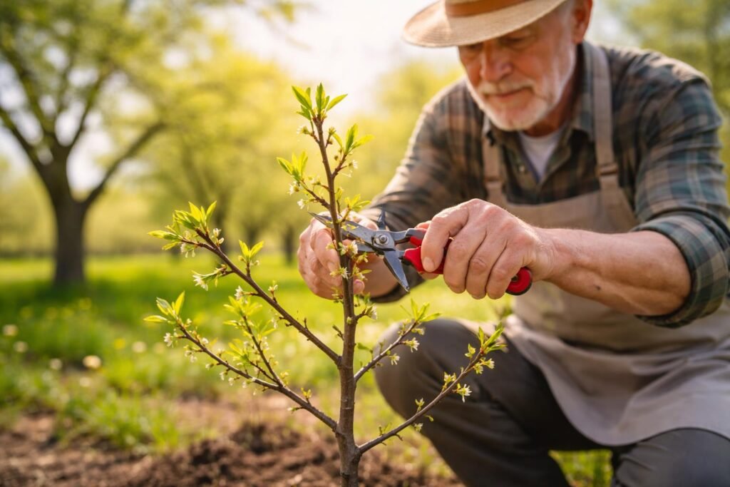 Fiatal szilvafa metszési ideje, tavaszi vágások bemutatva a helyes technikákat