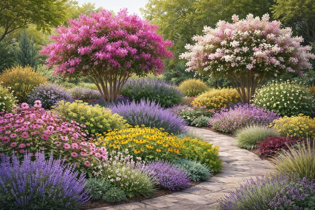 Selyemmirtusz és társnövényei virágzó ágyban, színben és illatban harmonizálva a kertben.