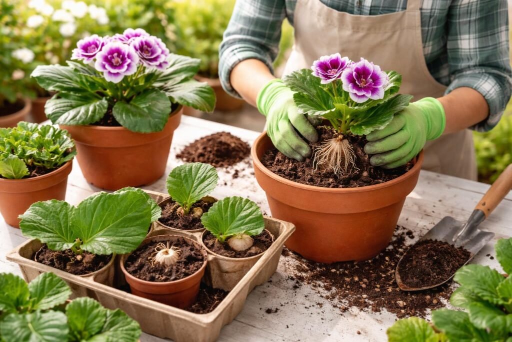 Átültetés közben gloxínia gumók és szaporító növényrészek frissen ültetve láthatók