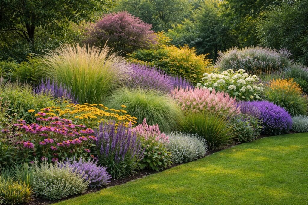 Cserjék és díszfüvek között a selyemmirtusz hosszú virágzású, harmonikus hátteret terem