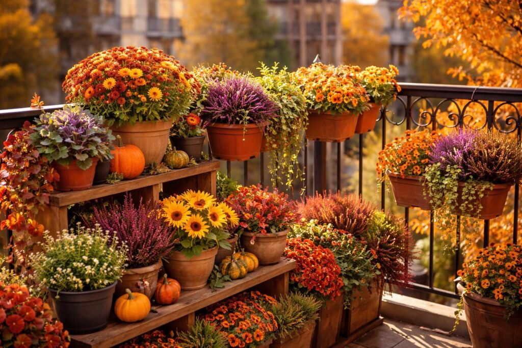 Kompakt őszi erkély virágdísz piros, narancs, sárga és lila színekben.