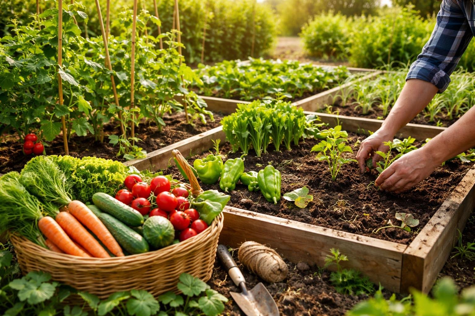 Kertész ültet zöldségeket, körülötte friss zöldségek, mint paradicsom, uborka és sárgarépa, napfényes konyhakertben.