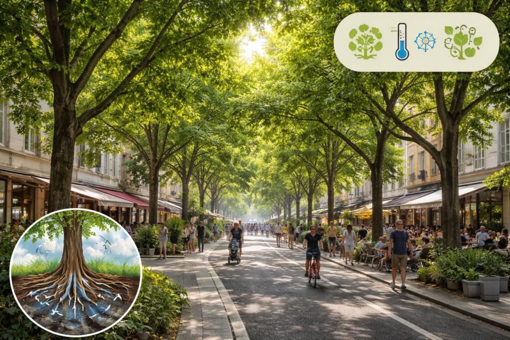 Városi környezetben árnyékot adó fák, hűtő hatású levegő és szennyezés csökkentése.