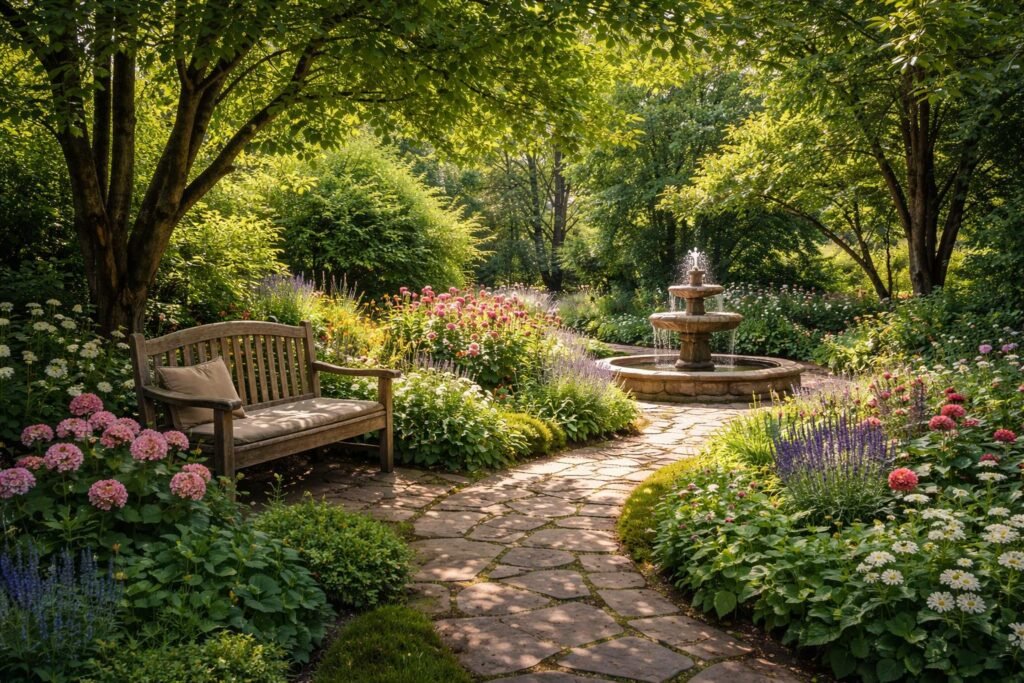 Pazar nyári kert hűs árnyékot adó díszfákkal és bokrokkal körülvéve