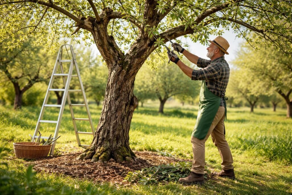 Idős almafa termőre metszésének szakszerű gallyai és fiatalodó ágak láthatók.