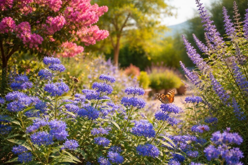 Mediterrán oázisban virágzó selyemmirtusz, barátcserje és kékszakáll díszítő társulata, pazar színkombinációval.