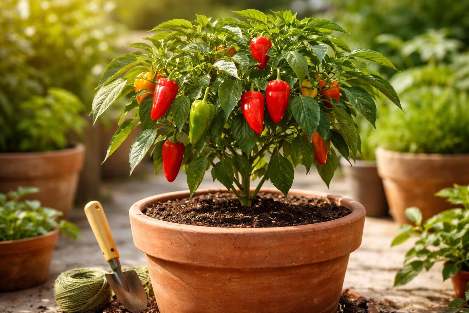 Egy cserépben nevelt paprika növény, piros és zöld paprikákkal, napfényben.