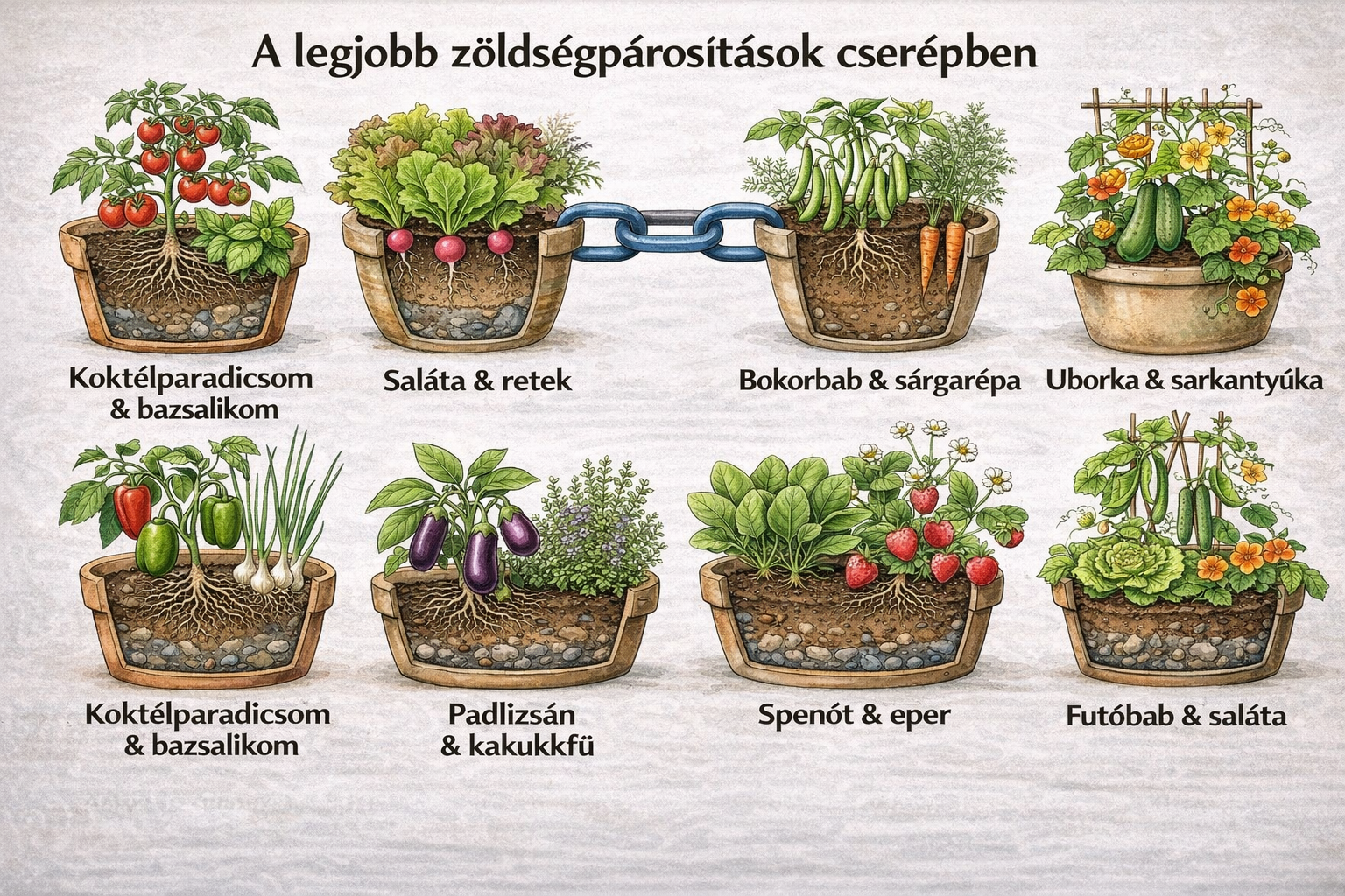 Különböző zöldségek konténerekben, mint koktélparadicsom, saláta, uborka és spenót, a legjobb párosításokról.