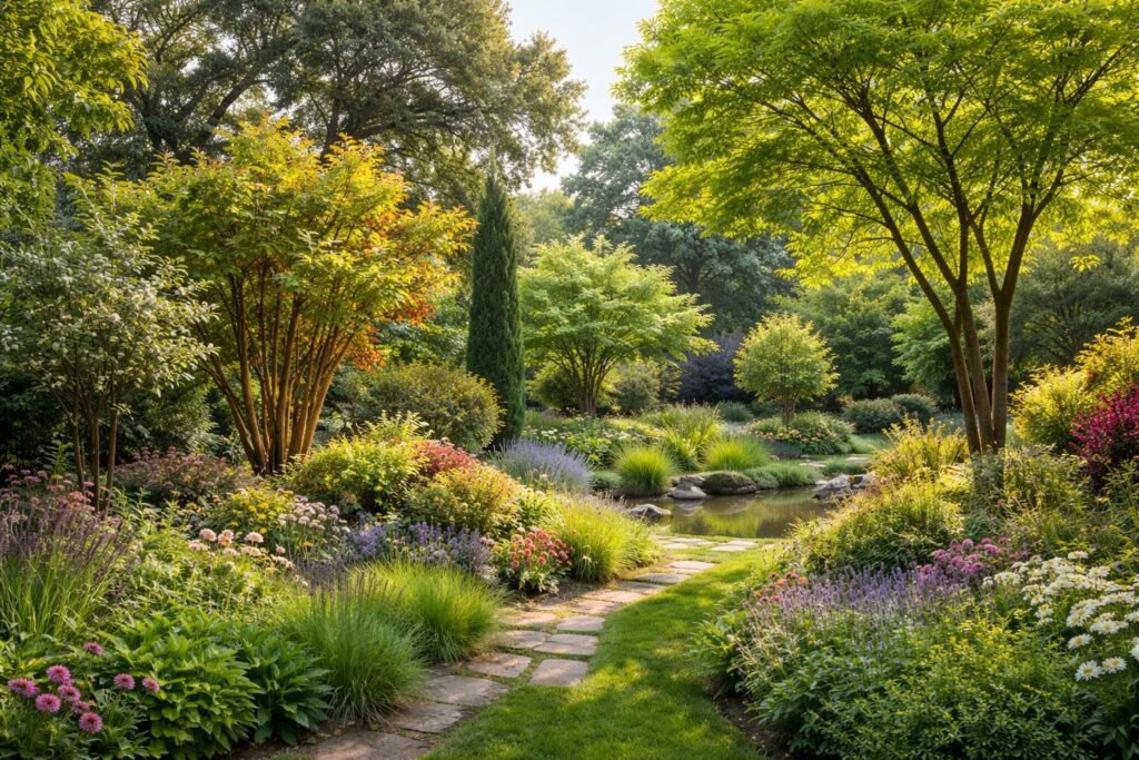 Klímabarát fafajták sokféleségét ábrázoló kert, kis és nagy kertekhez különböző fajtákkal.