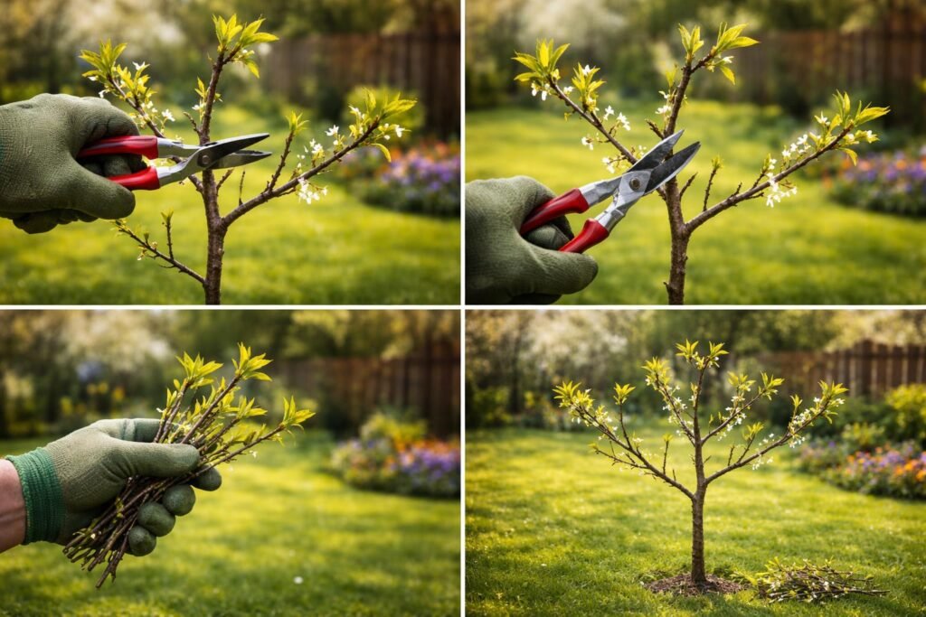 1 éves meggyfa metszése közben látható szerszámok, ágak és metszési nyomok