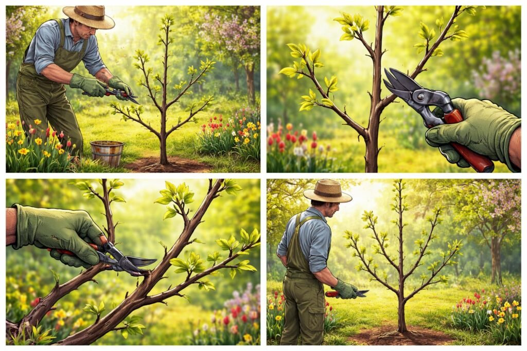 Részletes ábra lépésről lépésre az 1 éves szilvafa metszéséről gyakorlatias útmutatásokkal