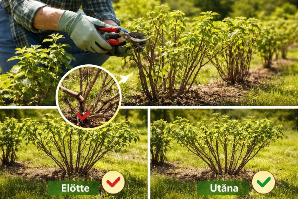 Fiatal ribizli hajtások metszését végző kertész metszőollóval dolgozik a bokron