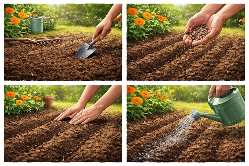 Körömvirág magok ültetése a kertben lépésről lépésre, minden fázisát gondosan bemutatva.